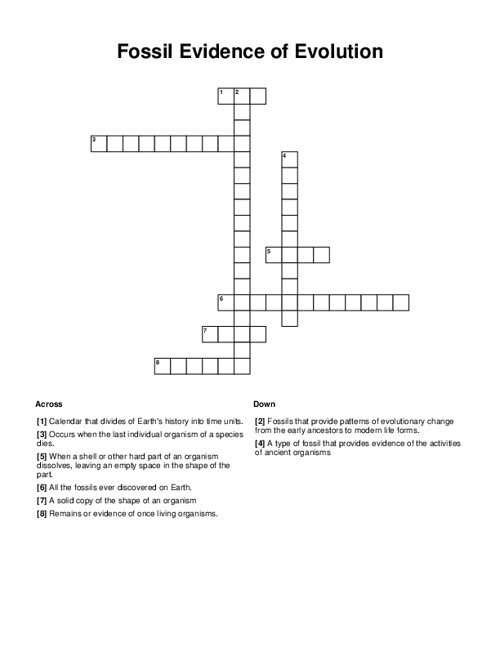 Fossil Evidence of Evolution Crossword Puzzle