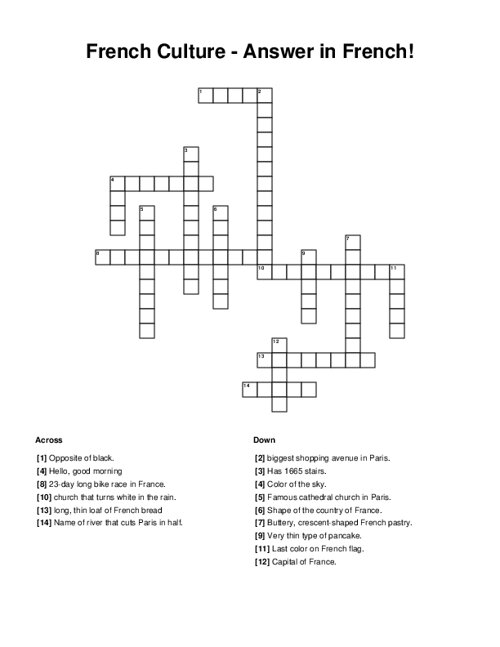French Culture - Answer in French! Crossword Puzzle