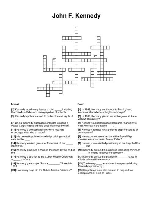 John F Kennedy Crossword Puzzle