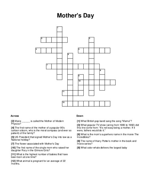 Mother's Day Crossword Puzzle