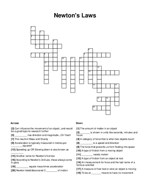 Newton's Laws Crossword Puzzle