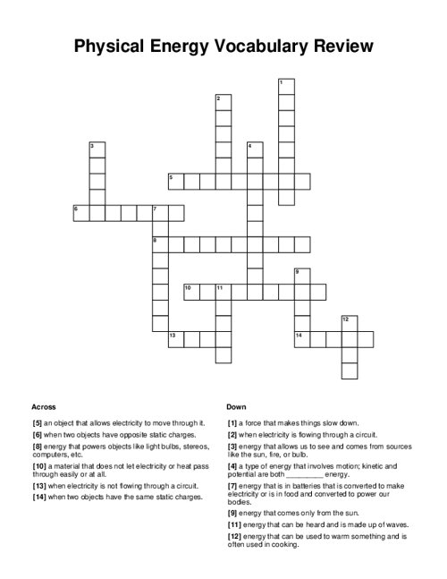 Physical Energy Vocabulary Review Crossword Puzzle