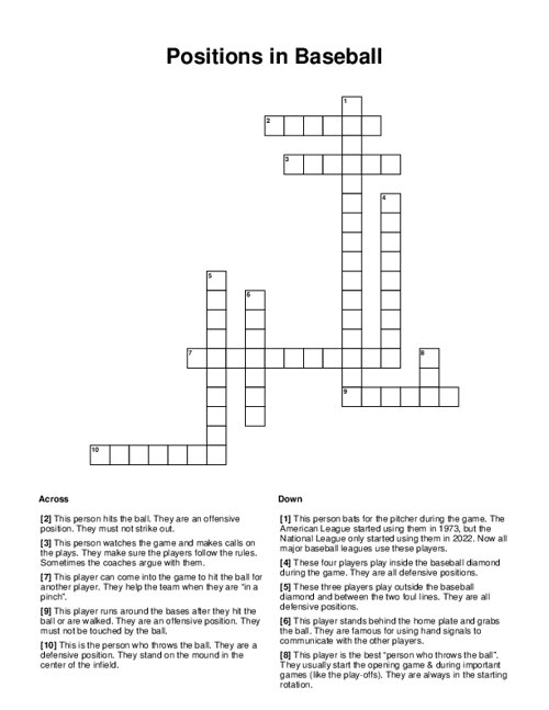 Positions In Baseball Crossword Puzzle