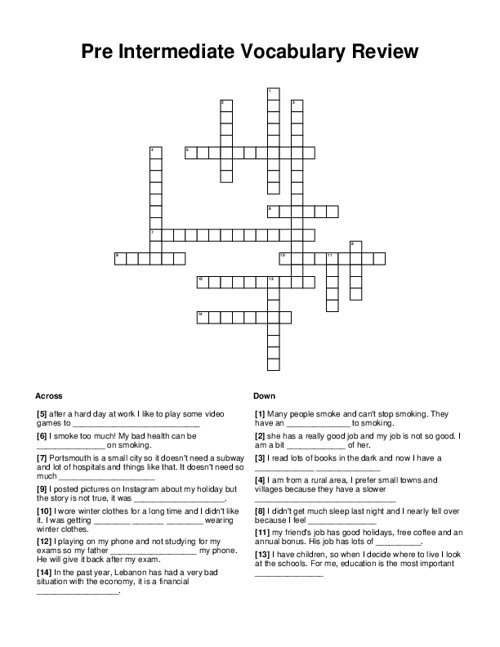 Pre Intermediate Vocabulary Review Crossword Puzzle