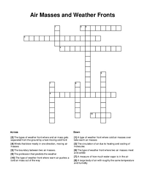 Air Masses and Weather Fronts Crossword Puzzle