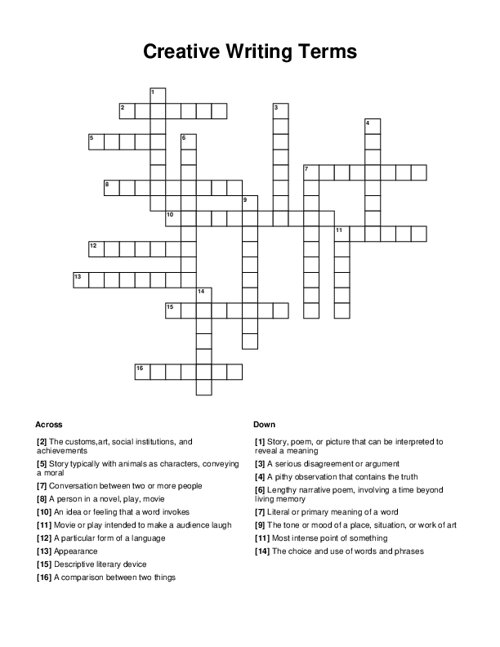 creative writing crossword puzzle
