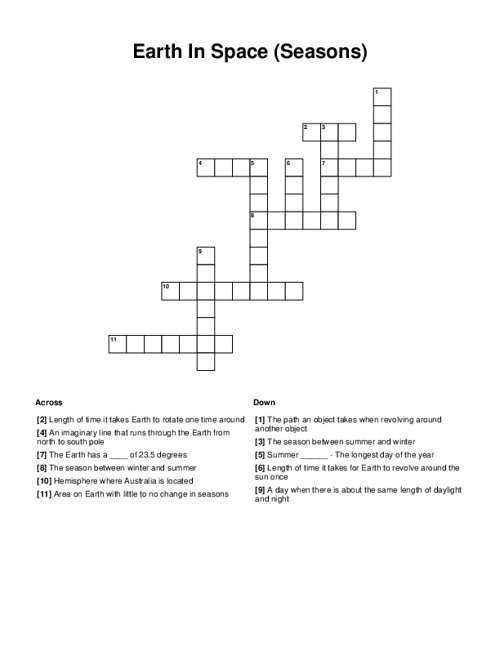 Earth In Space (Seasons) Crossword Puzzle