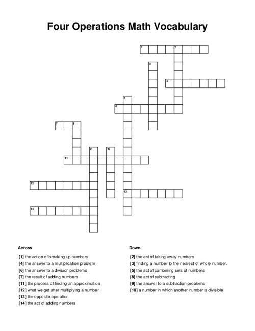 Four Operations Math Vocabulary Crossword Puzzle