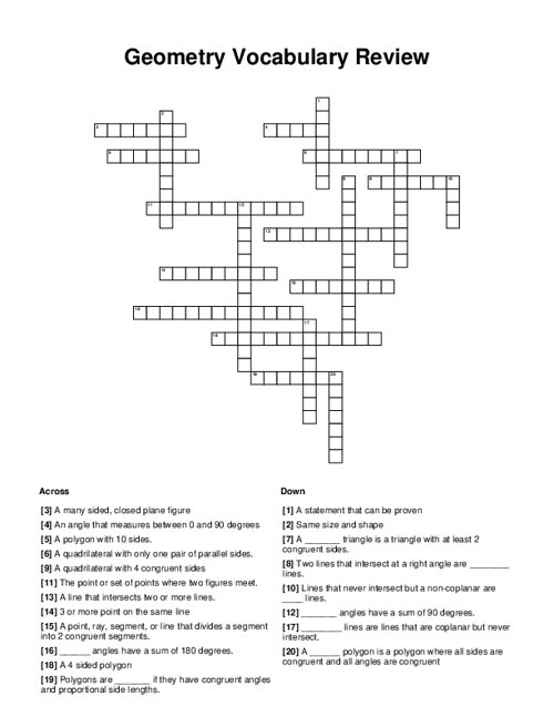 Geometry Vocabulary Review Crossword Puzzle
