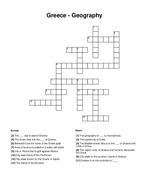 Greece - Geography Crossword Puzzle