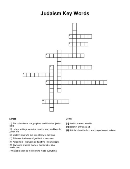 Judaism Key Words Crossword Puzzle