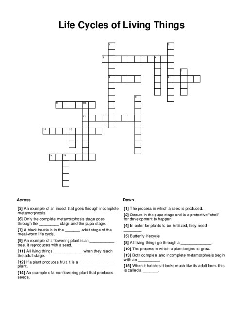 Life Cycles of Living Things Crossword Puzzle