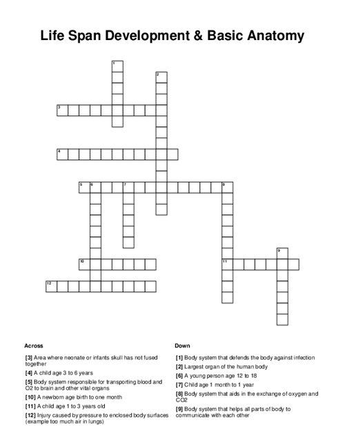 Life Span Development & Basic Anatomy Crossword Puzzle