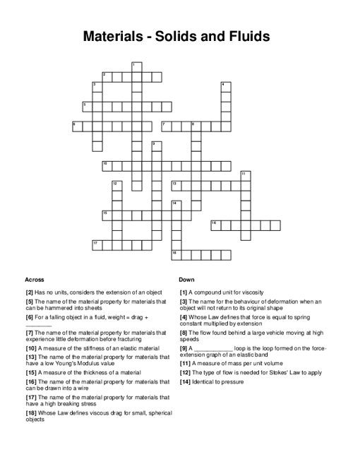 Materials - Solids and Fluids Crossword Puzzle