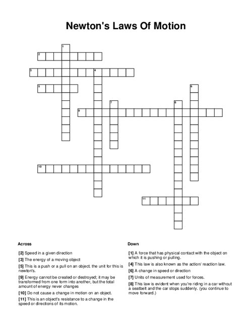 Newton's Laws Of Motion Crossword Puzzle
