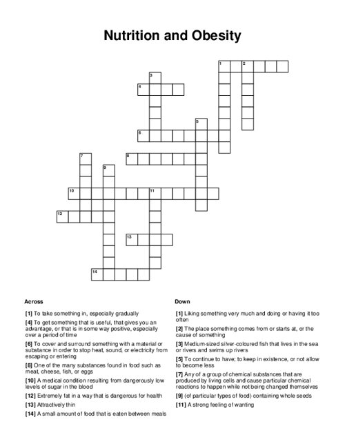 Nutrition and Obesity Crossword Puzzle