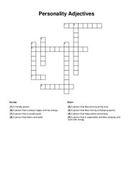 Personality Adjectives Crossword Puzzle