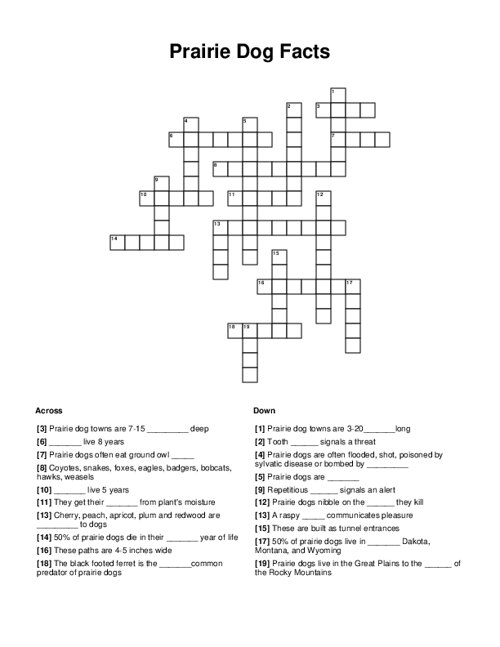 Prairie Dog Facts Crossword Puzzle
