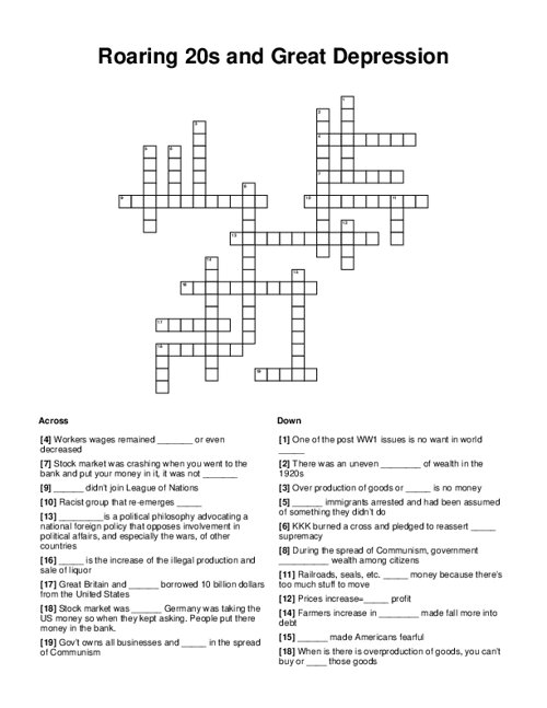 Roaring 20s and Great Depression Crossword Puzzle