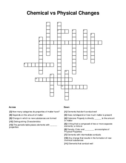 Chemical vs Physical Changes Crossword Puzzle