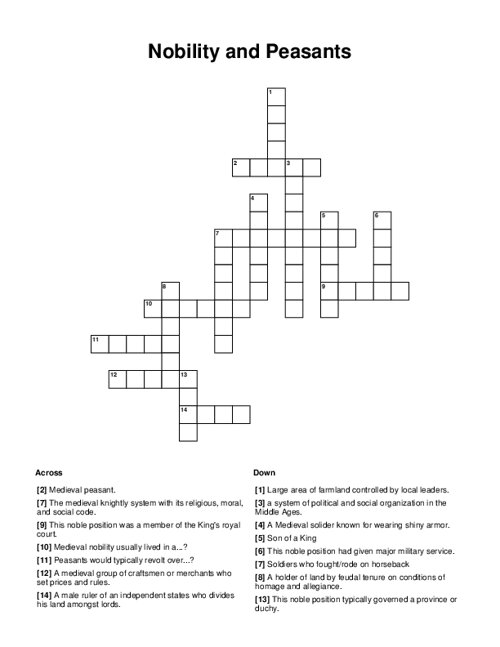 Nobility and Peasants Crossword Puzzle