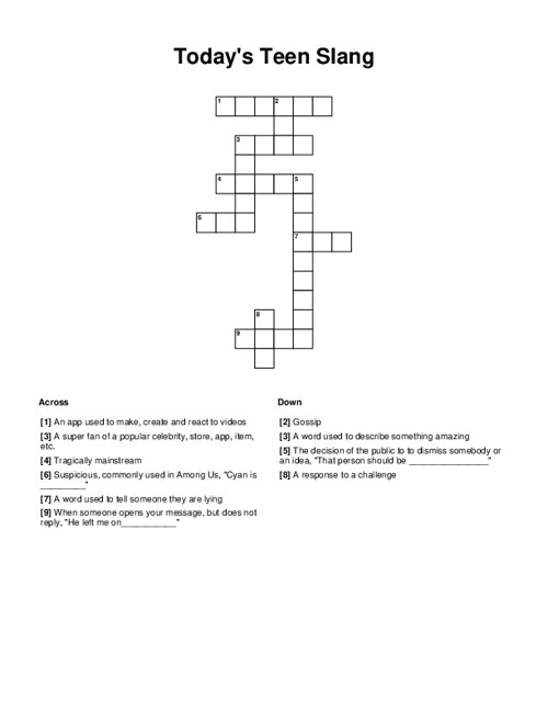 Today's Teen Slang Crossword Puzzle