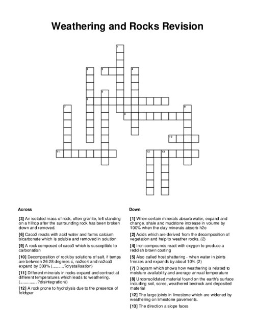 Weathering and Rocks Revision Crossword Puzzle