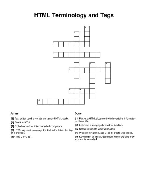 HTML Terminology and Tags Crossword Puzzle
