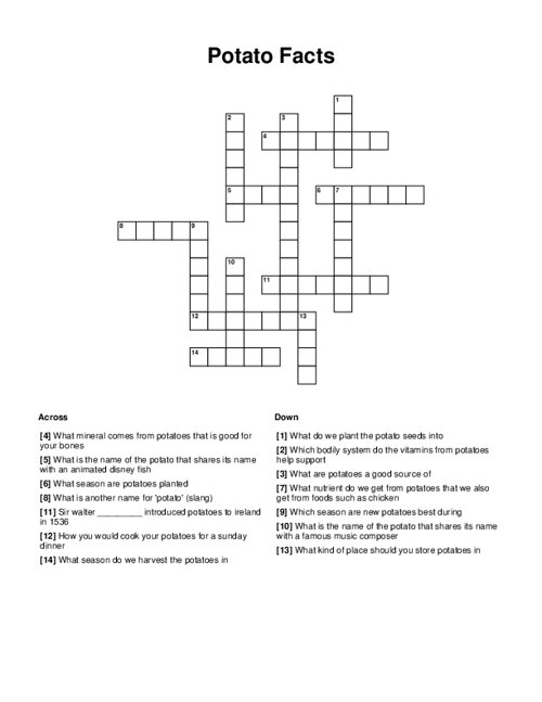 Potato Facts Crossword Puzzle