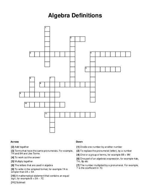 Algebra Definitions Crossword Puzzle