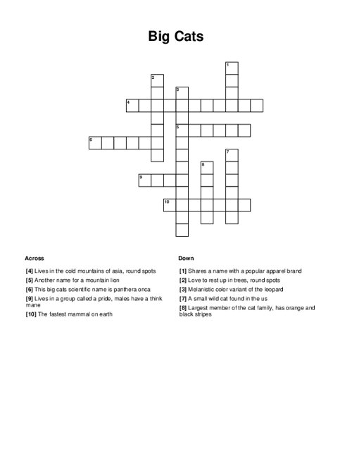 Big Cats Crossword Puzzle