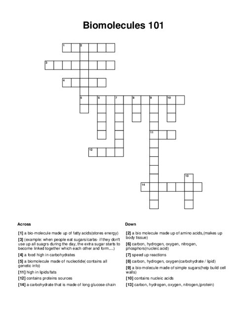 Biomolecules 101 Crossword Puzzle