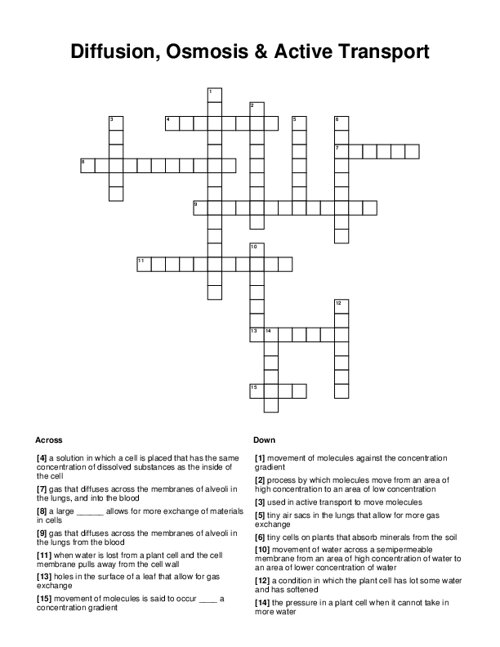 Diffusion, Osmosis & Active Transport Crossword Puzzle