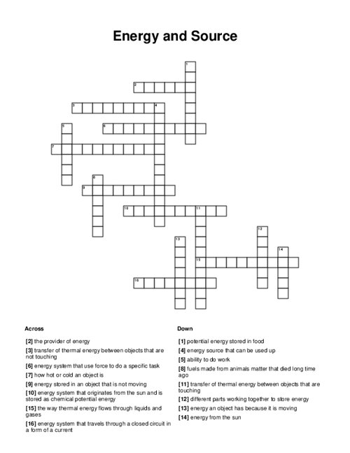 Energy and Source Crossword Puzzle