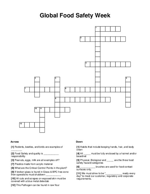 Global Food Safety Week Crossword Puzzle