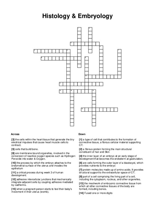 Histology & Embryology Crossword Puzzle