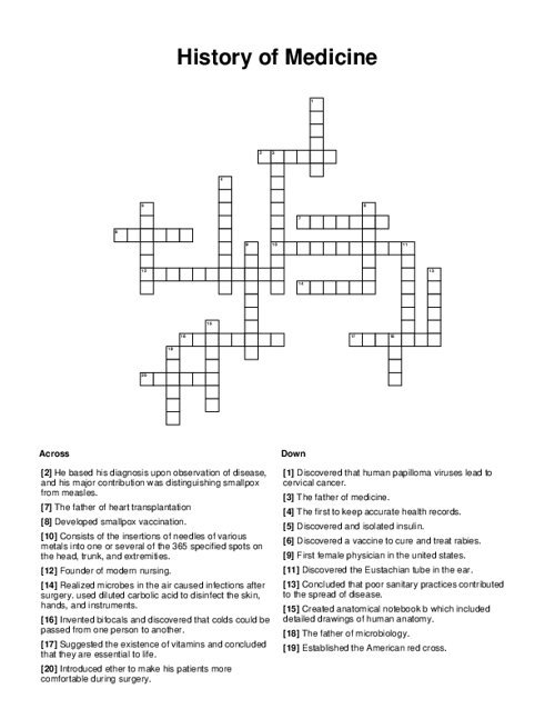 History of Medicine Crossword Puzzle
