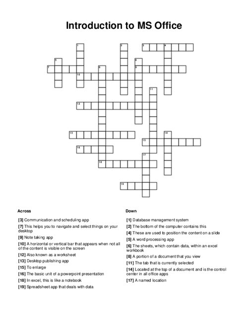 Introduction to MS Office Crossword Puzzle
