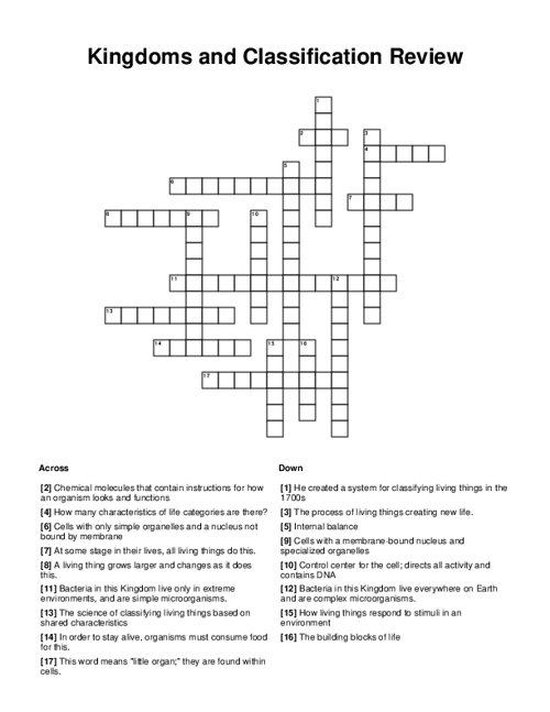 Kingdoms and Classification Review Crossword Puzzle