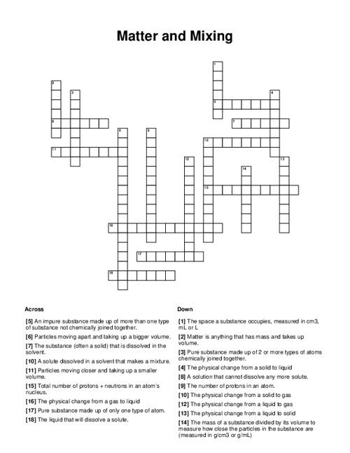 Matter and Mixing Crossword Puzzle