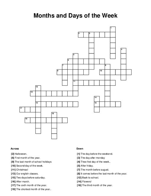Months and Days of the Week Crossword Puzzle