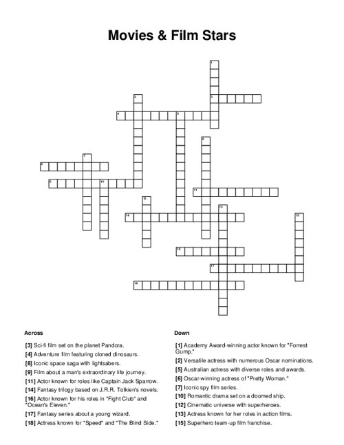Movies & Film Stars Crossword Puzzle