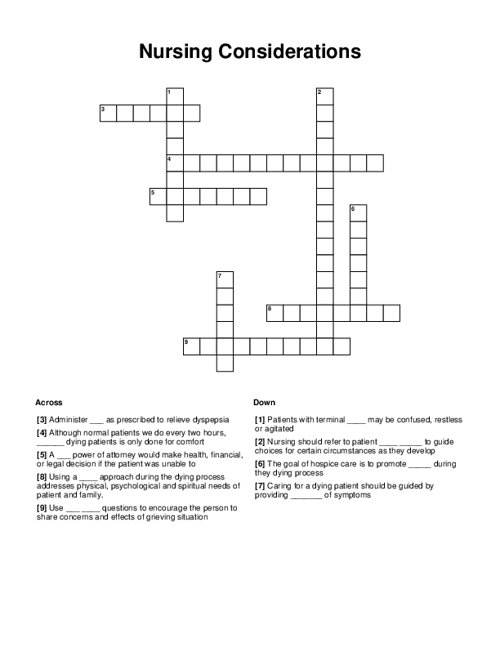Nursing Considerations Crossword Puzzle