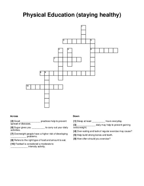 Physical Education (staying healthy) Crossword Puzzle