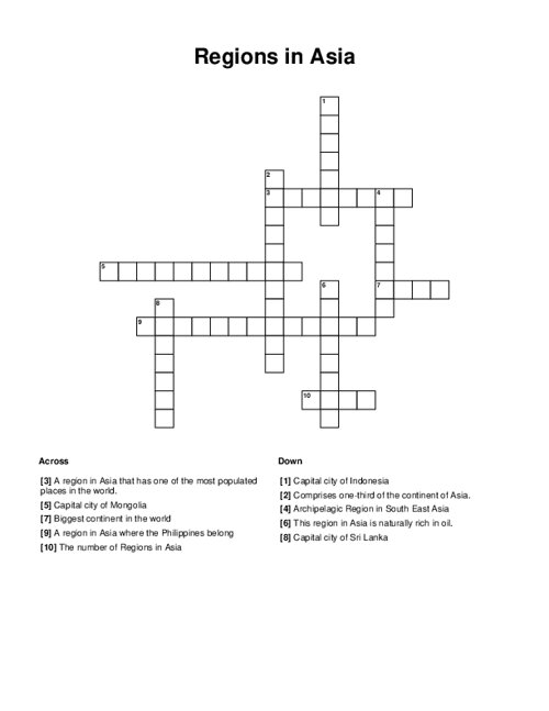 Regions in Asia Crossword Puzzle