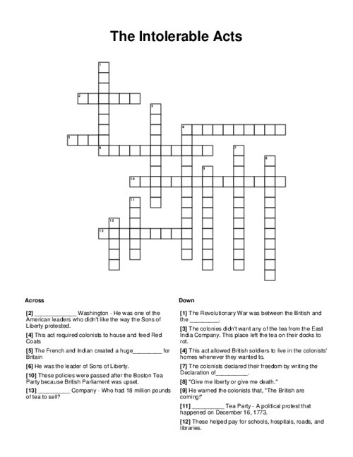 The Intolerable Acts Crossword Puzzle