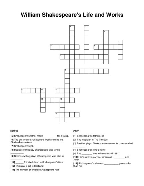 William Shakespeare's Life and Works Crossword Puzzle