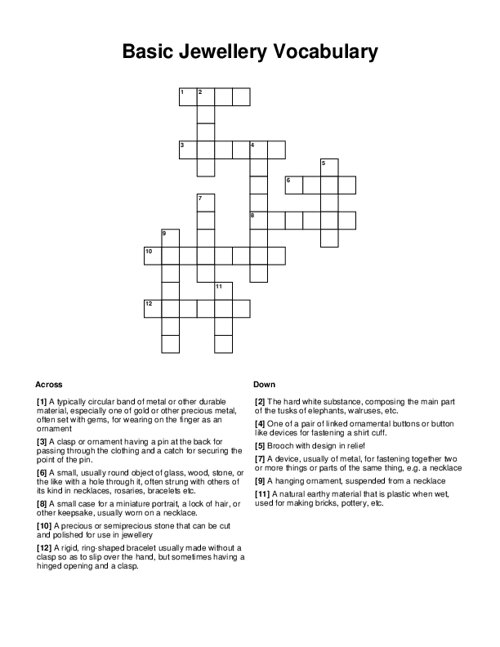 Basic Jewellery Vocabulary Crossword Puzzle
