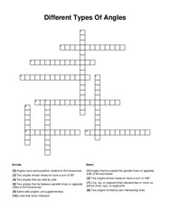 Different Types Of Angles Crossword Puzzle