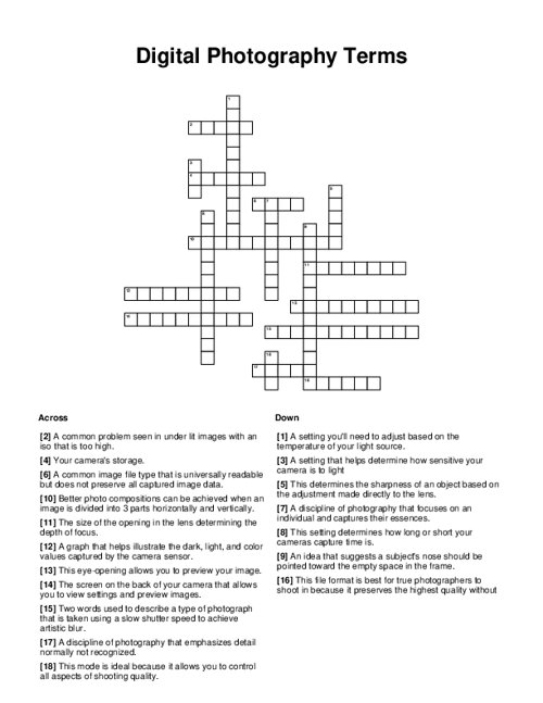 Digital Photography Terms Crossword Puzzle